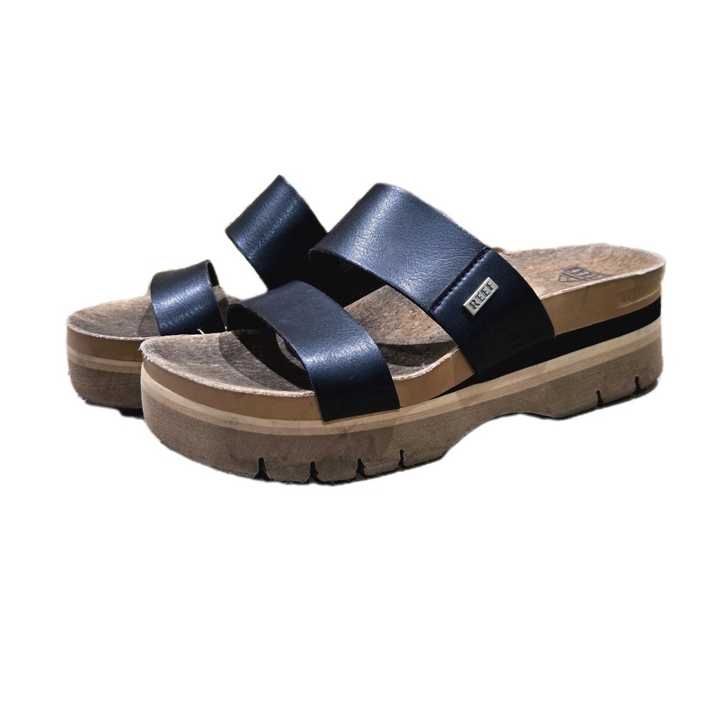 REEF black Cushion Vista Hi platform vegan leather slide comfort sandal-Sz 8